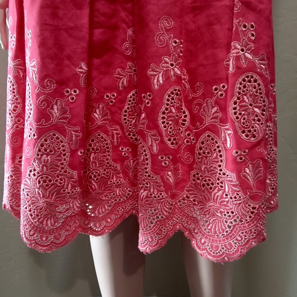 Ellen Tracy Fuschia Cap Sleeve Faux Button-Front Pleated Linen Midi Dress - Picture 4 of 7